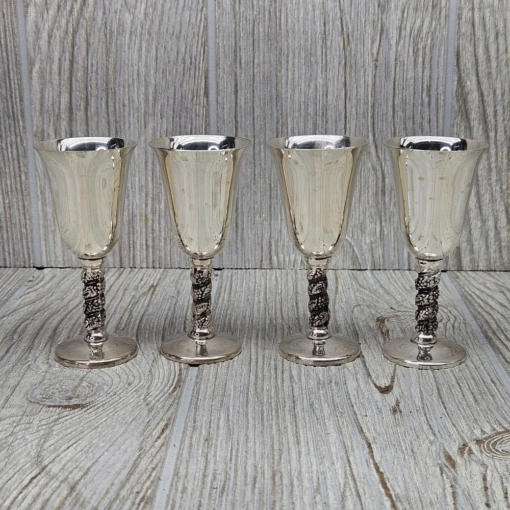 Roma SL Madrid Spain Silver Plated Cordial Goblets Set of 4 Grapevine Stem 3.5
